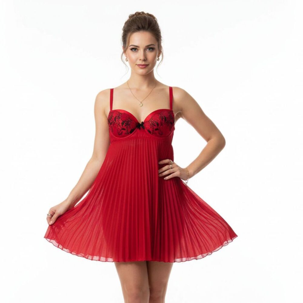 Cinema Etoile Red & Black Pleated Underwire Contour Cup Sleep Dress L